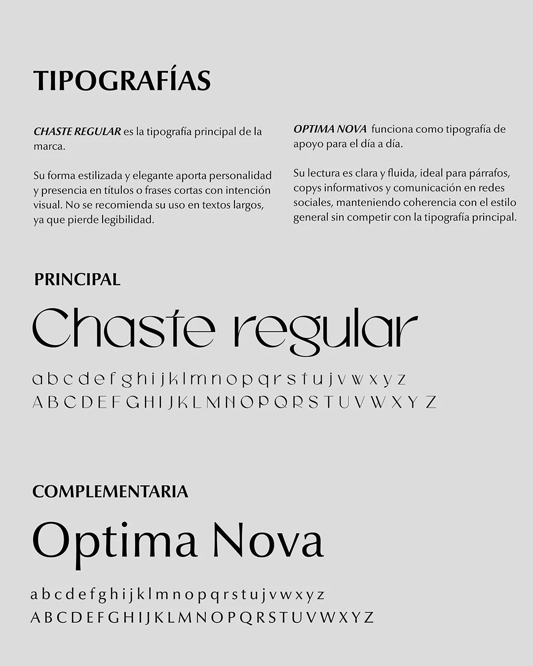 Página del manual de marca de Aury mostrando tipografías principales y complementarias