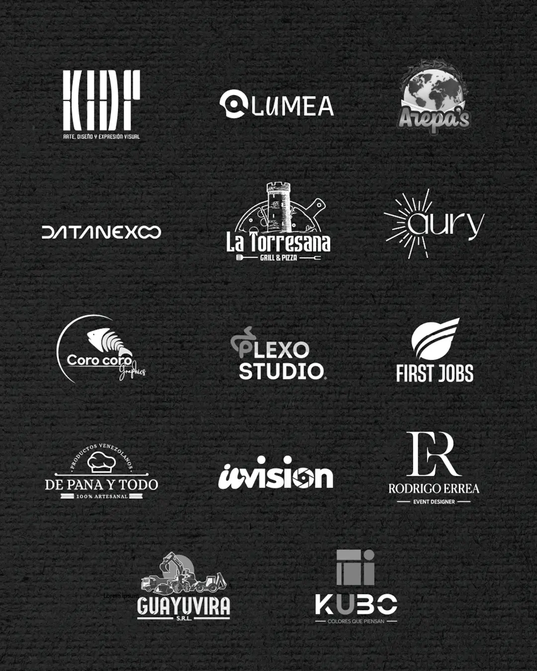 Mosaico de logotipos de proyectos de identidad visual diseñados, incluyendo marcas de gastronomía, diseño, tecnología, eventos y construcción.