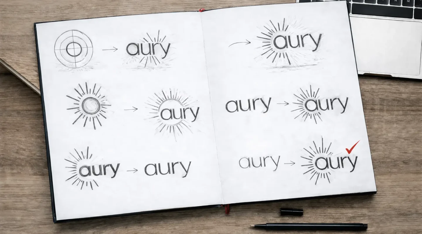 Bocetos y aplicaciones de identidad visual para la marca Aury, desarrollados durante el proceso de diseño gráfico